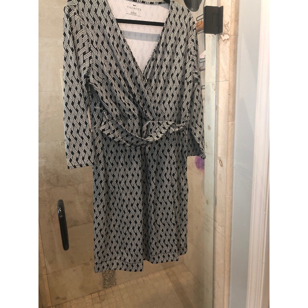 Talbots Faux Wrap Dress Large Black White Chainlink Nylon Stretch 3/4 Sleeve